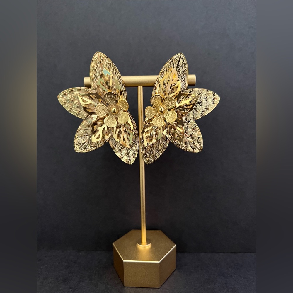 Large Brass Floral Stud Earrings - Elegant Retro Earrings- Embellished Earrings